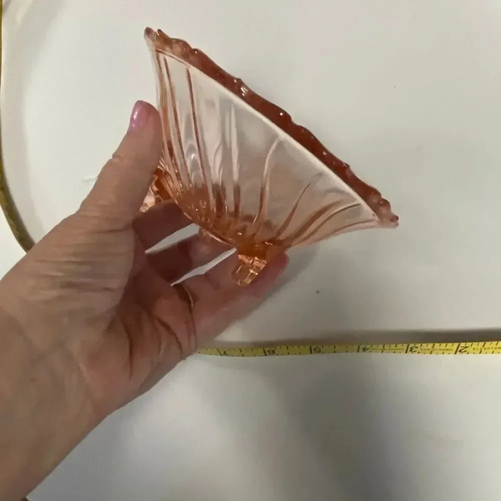 Vintage Jeannette Glass Co. pink footed 1937 depression glass swirl bowl.